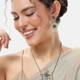 VIVAZS Silver-Plated & Dual Tone Emerald Studded Oxidised Necklace & Earrings Set-image-42