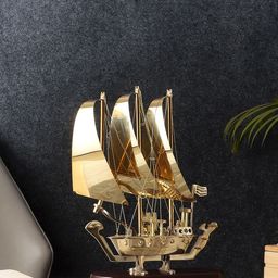 EXIM DECOR Brown & Gold-Toned Sailing Ship With Wooden Stand Showpiece-image-20