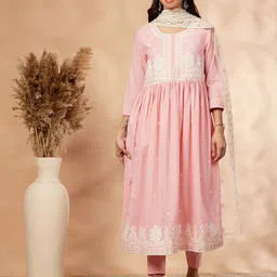 IMARA Ethnic Motifs Embroidered Chikankari Pure Cotton Kurta with Trousers & With Dupatta-32