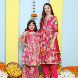 Bitiya by Bhama Girls Pink Floral Printed Angrakha Gotta Patti Kurta with Sharara & With Dupatta-picture-55