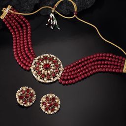 Peora Maroon Gold-Plated Kundan Studded Beaded Handcrafted Jewellery Set-picture-23