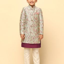 KISAH Boys Floral Printed Mandarin Collar Cotton Sherwani Set-49