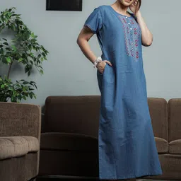 9shines Label Embroidered Pure Cotton Maxi Nightdress-image-88