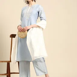 Sangria Ethnic Motifs Embroidered Regular Chanderi Cotton Kurta with Palazzos & Dupatta-image-5