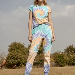 StyleStone Women White & Orange Tie & Dye Cotton Tracksuit-image-85