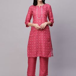 HERE&NOW Bandhani Printed  Gotta Patti Round Neck Kurta With Trousers-image-53