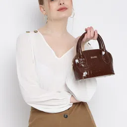 KLEIO Coffee Brown Croc Textured Structured Handheld Bag with Detachable Sling Strap-10