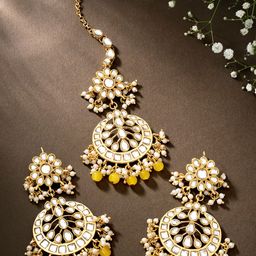 Peora Yellow & Gold-Toned Kundan & Pearl Studded Maang Tika & Earrings-picture-20