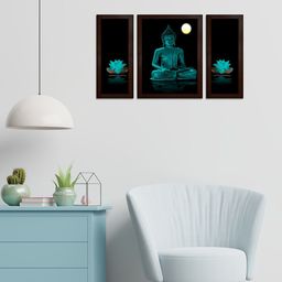 WENS Set Of 3 Black & Teal Blue Temple View In Night MDF Wall Paintings-14