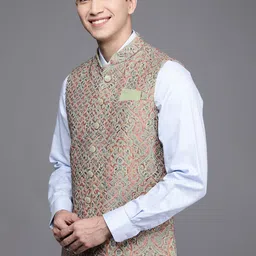 Manyavar Men Green & Pink Woven Design Nehru Jacket-image-31