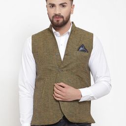 KLOTTHE Men Khaki Green Woven Design Pure Cotton Nehru Jacket-43
