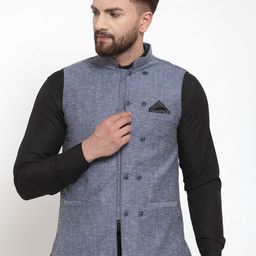 KLOTTHE Men Blue Solid Pure Cotton Nehru Jacket-picture-4
