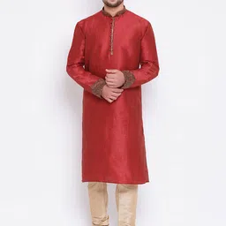 Sanwara Men Maroon & Beige Solid Kurta with Churidar-image-93
