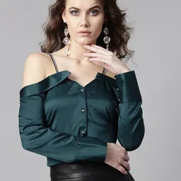 STREET 9 Women Green Solid Satin Finish Bardot Top-picture-39