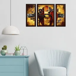 WENS Set of 3 Brown & Yellow Waterfall Abstract MDF Wall Paintings-11