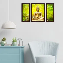 WENS Set of 3 Gold-Coloured & Green Buddha Blessings MDF Wall Arts-1