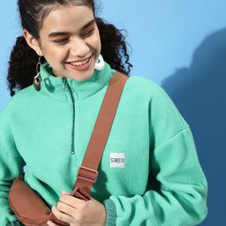 STREET 9 Women Enchanting Sea Green Solid Cropped Sweatshirt-image-73