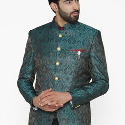 Wintage Men Blue Self-Design Tailored Fit Bandhgala Blazer-image-21