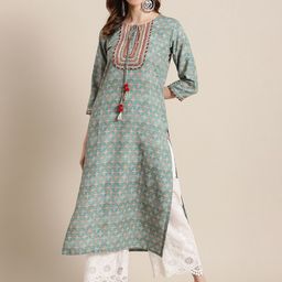 Varanga Women Sea Green Printed Keyhole Neck Kurta-44