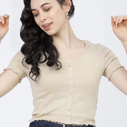 Tokyo Talkies Women Beige V-Neck T-shirt-image-36