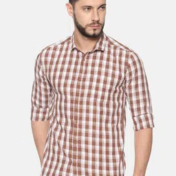 SHOWOFF Men Brown & White Slim Fit Checked Casual Shirt-image-75