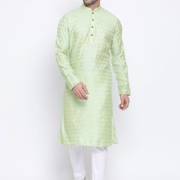 NAMASKAR Men Green & White Jacquard Self Design Kurta with Churidar-41