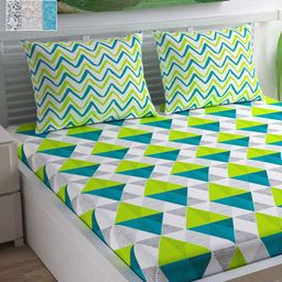 Divine Casa White & Blue Geometric 144 TC Cotton 2 Queen Bedsheet with 4 Pillow Covers-image-65