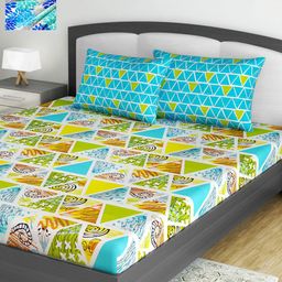 Divine Casa Yellow & Blue Geometric 144 TC Cotton 2 Queen Bedsheet with 4 Pillow Covers-image-64