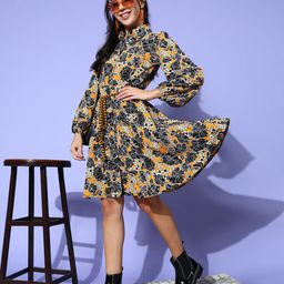 plusS Women Mustard Floral Retro Optimism Dress-51