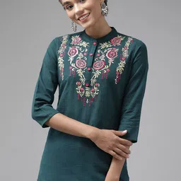 Yufta Teal Floral Embroidered Mandarin Collar Top-image-3