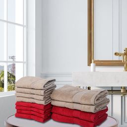 BIANCA Set Of 12 Red & Beige 500 GSM Solid Towels-image-84