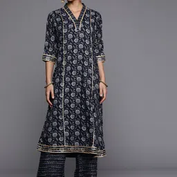 Libas Women Navy Blue Ethnic Motifs Printed Gotta Patti Kurta-picture-38