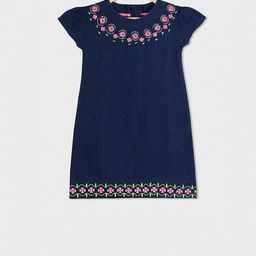 Cherry Crumble Girls Blue Embroidered Denim A-Line Dress-image-70