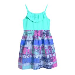 CACA CINA Girls Green & Blue Printed Fit and Flare Dress-image-24