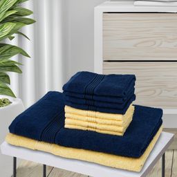 BIANCA Set Of 10 Navy Blue & Yellow Solid 380 GSM Pure Combed Cotton Terry Towels-17