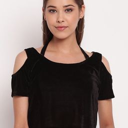 AKIMIA Black Halter Neck Velvet Regular Crop Top-image-9