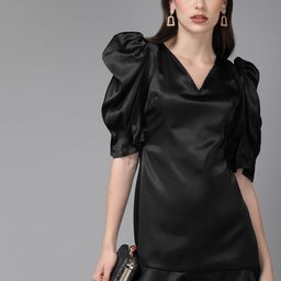 MISH Women Black Solid Puffed Sleeve Drop-Waist Dress-image-3