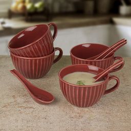 StyleMyWay Set Of 4 Maroon Striped Soup Cups with Spoons-6