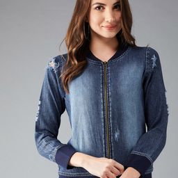 DOLCE CRUDO Women Blue Solid Denim Jacket-image-38