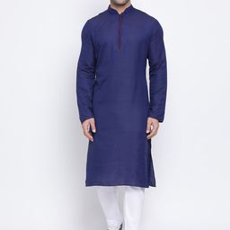 NAMASKAR Men Blue & White Self Design Cotton Kurta with Churidar-15