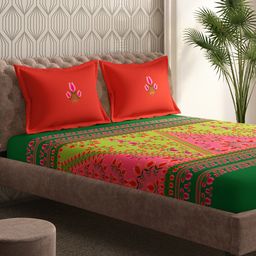 Portico New York Green & Pink Floral 220 TC King Bedsheet with 2 Pillow Covers-image-8