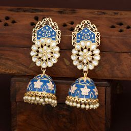 Sukkhi Blue & Gold-Plated Kundan Meenakari Kundan Dome Shaped Jhumkas-21