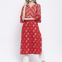 Indibelle Women Red & White Floral Printed Regular Straight Pure Cotton Kurta & Trousers-image-4