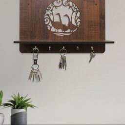 RANDOM Brown Textured MDF Wooden Wall Shelf with Key Holders-38