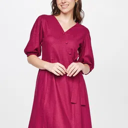 AND Women Red Solid Puff Sleeves Linen Wrap Dress-image-48