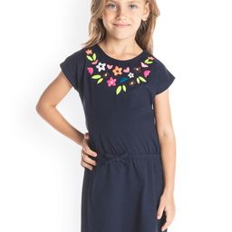 Cherry Crumble Girls Navy Blue Floral Embroidered A-Line Dress-picture-35