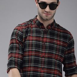 THE BEAR HOUSE Men Black & Red Slim Fit Tartan Checked Flannel Pure Cotton Casual Shirt-image-78