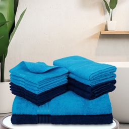 BIANCA Unisex Set Of 14 Blue Solid 380 GSM Pure Cotton Super-Soft Terry Towels-36