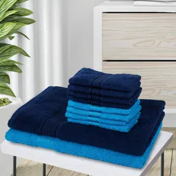 BIANCA Set Of 10 Blue Solid Pure Cotton 380 GSM Towel Set-14