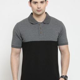 Kalt Men Grey & Black Colourblocked Polo Collar T-shirt-image-51